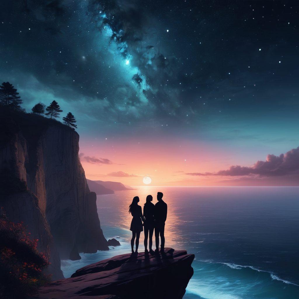 A couple standing on the edge of a beautiful cliff, overlooking a moonlit ocean, symbolizing deep emotional connection. Their silhouettes are intertwined, with soft glowing hearts floating around them, representing passion and desire. The night sky is filled with stars, creating a dreamy atmosphere. Dreamlike and ethereal vibe. vibrant colors. super-realistic.