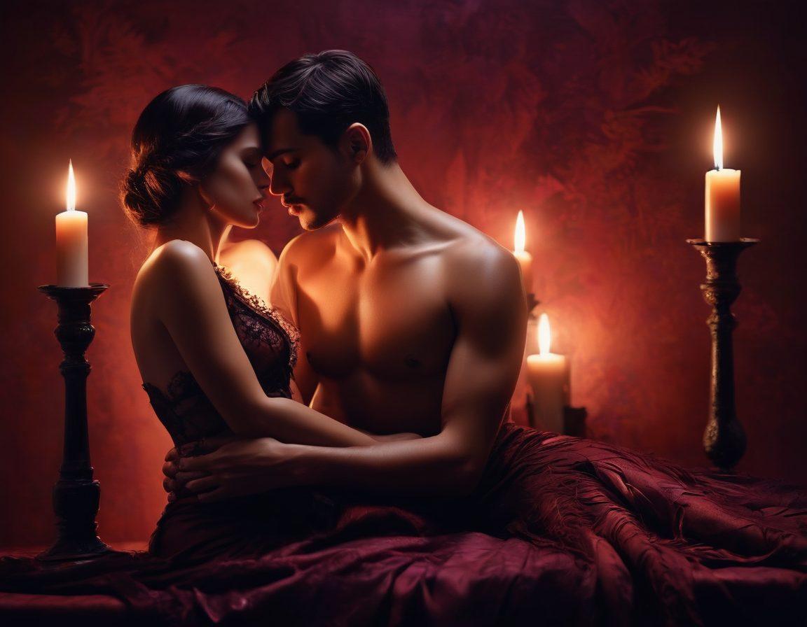 A sensual and abstract representation of intimacy, featuring intertwined silhouettes symbolizing various kinks and fetishes. Soft, warm lighting enhances the mood, with subtle hints of lace and leather textures in the background. Delicate props like feathers and candlelight create an atmosphere of seduction and allure. The color palette should evoke passion—deep reds, purples, and blacks. super-realistic. vibrant colors. soft focus.