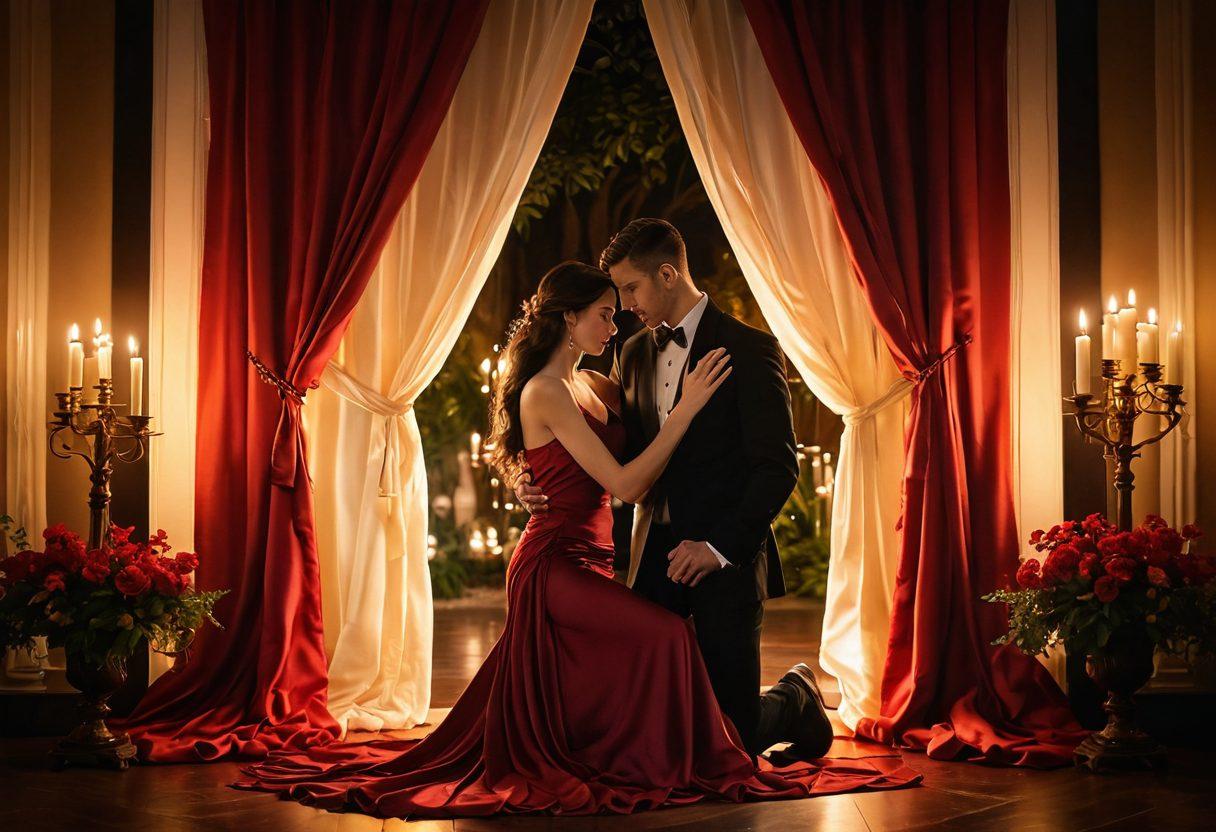 A lush, intimate setting featuring two figures entwined in a warm embrace, surrounded by soft candlelight and flowing silk drapes. The atmosphere is filled with sensual colors, rich reds and deep golds, enhancing the mood of connection and desire. The background hints at a secluded paradise, with gentle flowers and soft shadows creating an air of mystery. inviting and romantic. super-realistic. vibrant colors. warm tones.